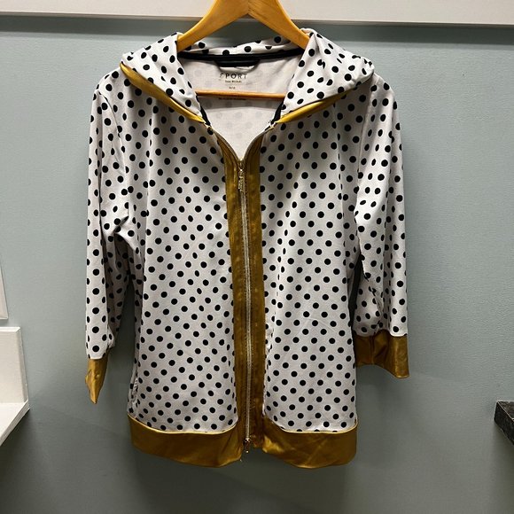 Isaac Mizrahi Sport Jacket Womens White Black Polka Dot Gold Trim Hooded - Picture 1 of 5